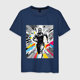 Мужская футболка хлопок с принтом Чернокожий спринтер в Петрозаводске, 100% хлопок | прямой крой, круглый вырез горловины, длина до линии бедер, слегка спущенное плечо. | 