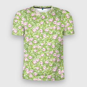 Мужская футболка 3D Slim с принтом Цветущий шиповник в Новосибирске, 100% полиэстер с улучшенными характеристиками | приталенный силуэт, круглая горловина, широкие плечи, сужается к линии бедра | 