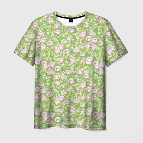 Мужская футболка 3D с принтом Цветущий шиповник в Петрозаводске, 100% полиэфир | прямой крой, круглый вырез горловины, длина до линии бедер | 
