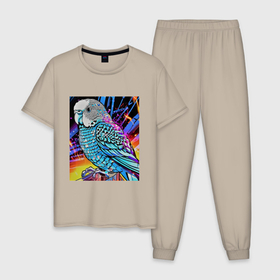 Мужская пижама хлопок с принтом Волнистый синий попугай , 100% хлопок | брюки и футболка прямого кроя, без карманов, на брюках мягкая резинка на поясе и по низу штанин
 | Тематика изображения на принте: 