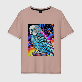 Мужская футболка хлопок Oversize с принтом Волнистый синий попугай в Курске, 100% хлопок | свободный крой, круглый ворот, “спинка” длиннее передней части | 