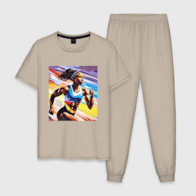 Мужская пижама хлопок с принтом Девушка спринтер в Екатеринбурге, 100% хлопок | брюки и футболка прямого кроя, без карманов, на брюках мягкая резинка на поясе и по низу штанин
 | 