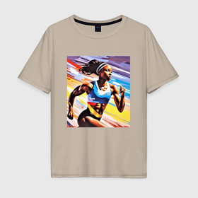 Мужская футболка хлопок Oversize с принтом Девушка спринтер в Санкт-Петербурге, 100% хлопок | свободный крой, круглый ворот, “спинка” длиннее передней части | 