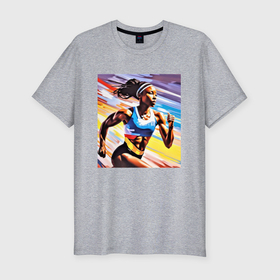 Мужская футболка хлопок Slim с принтом Девушка спринтер в Екатеринбурге, 92% хлопок, 8% лайкра | приталенный силуэт, круглый вырез ворота, длина до линии бедра, короткий рукав | 