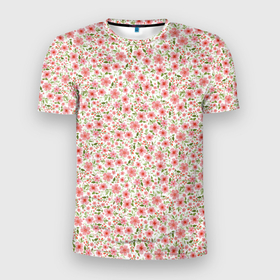 Мужская футболка 3D Slim с принтом Розовые акварельные цветочки в Новосибирске, 100% полиэстер с улучшенными характеристиками | приталенный силуэт, круглая горловина, широкие плечи, сужается к линии бедра | 