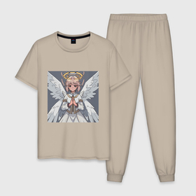 Мужская пижама хлопок с принтом Усталый ангел в Санкт-Петербурге, 100% хлопок | брюки и футболка прямого кроя, без карманов, на брюках мягкая резинка на поясе и по низу штанин
 | Тематика изображения на принте: 