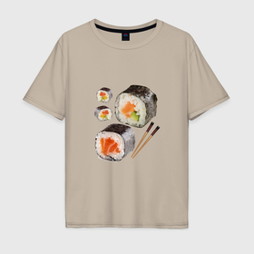Мужская футболка хлопок Oversize с принтом Суши это вкусно в Санкт-Петербурге, 100% хлопок | свободный крой, круглый ворот, “спинка” длиннее передней части | 