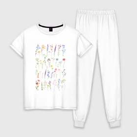 Женская пижама хлопок с принтом Полевые нежные цветы в Кировске, 100% хлопок | брюки и футболка прямого кроя, без карманов, на брюках мягкая резинка на поясе и по низу штанин | 
