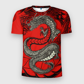 Мужская футболка 3D Slim с принтом Красный дракон символ года в Кировске, 100% полиэстер с улучшенными характеристиками | приталенный силуэт, круглая горловина, широкие плечи, сужается к линии бедра | Тематика изображения на принте: 