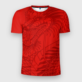 Мужская футболка 3D Slim с принтом Алый символичный  дракон в Кировске, 100% полиэстер с улучшенными характеристиками | приталенный силуэт, круглая горловина, широкие плечи, сужается к линии бедра | 