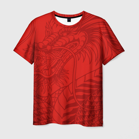 Мужская футболка 3D с принтом Алый символичный  дракон в Кировске, 100% полиэфир | прямой крой, круглый вырез горловины, длина до линии бедер | 