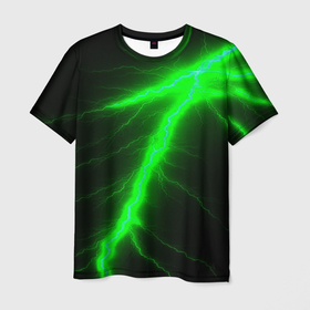 Мужская футболка 3D с принтом Зеленый разряд молнии в Рязани, 100% полиэфир | прямой крой, круглый вырез горловины, длина до линии бедер | 