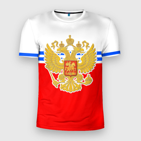 Мужская футболка 3D Slim с принтом Герб Российской Федерации   полосы в Новосибирске, 100% полиэстер с улучшенными характеристиками | приталенный силуэт, круглая горловина, широкие плечи, сужается к линии бедра | 