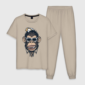 Мужская пижама хлопок с принтом Обезьяна в очках и рубашке , 100% хлопок | брюки и футболка прямого кроя, без карманов, на брюках мягкая резинка на поясе и по низу штанин
 | 