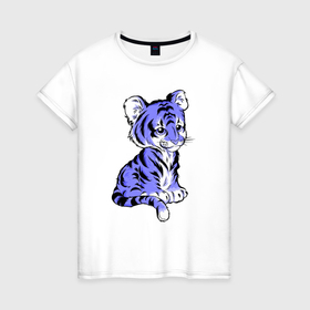 Женская футболка хлопок с принтом Blue tiger в Курске, 100% хлопок | прямой крой, круглый вырез горловины, длина до линии бедер, слегка спущенное плечо | 