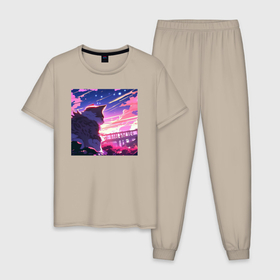 Мужская пижама хлопок с принтом Аниме пейзаж с котом , 100% хлопок | брюки и футболка прямого кроя, без карманов, на брюках мягкая резинка на поясе и по низу штанин
 | 