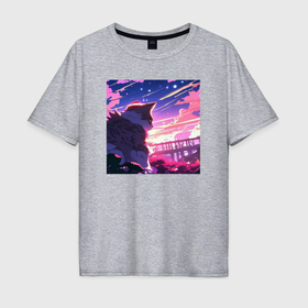 Мужская футболка хлопок Oversize с принтом Аниме пейзаж с котом , 100% хлопок | свободный крой, круглый ворот, “спинка” длиннее передней части | 