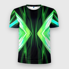 Мужская футболка 3D Slim с принтом Зеленые зеркальные плиты в Белгороде, 100% полиэстер с улучшенными характеристиками | приталенный силуэт, круглая горловина, широкие плечи, сужается к линии бедра | 