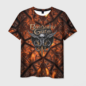 Мужская футболка 3D с принтом Baldurs Gate 3 logo  fire в Екатеринбурге, 100% полиэфир | прямой крой, круглый вырез горловины, длина до линии бедер | 