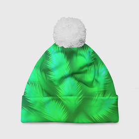 Шапка 3D c помпоном с принтом Объемные пушистые зеленые листья в Кировске, 100% полиэстер | универсальный размер, печать по всей поверхности изделия | 