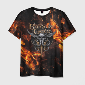 Мужская футболка 3D с принтом Baldurs Gate 3   fire logo в Белгороде, 100% полиэфир | прямой крой, круглый вырез горловины, длина до линии бедер | 