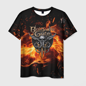 Мужская футболка 3D с принтом Baldurs  Gate 3 fire  logo в Белгороде, 100% полиэфир | прямой крой, круглый вырез горловины, длина до линии бедер | 