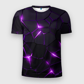 Мужская футболка 3D Slim с принтом Неоновые плиты с фиолетовым свечением в Санкт-Петербурге, 100% полиэстер с улучшенными характеристиками | приталенный силуэт, круглая горловина, широкие плечи, сужается к линии бедра | 