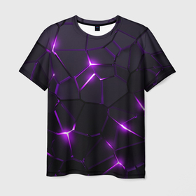 Мужская футболка 3D с принтом Неоновые плиты с фиолетовым свечением в Санкт-Петербурге, 100% полиэфир | прямой крой, круглый вырез горловины, длина до линии бедер | 
