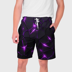 Мужские шорты 3D с принтом Неоновые плиты с фиолетовым свечением в Екатеринбурге,  полиэстер 100% | прямой крой, два кармана без застежек по бокам. Мягкая трикотажная резинка на поясе, внутри которой широкие завязки. Длина чуть выше колен | 