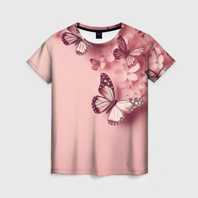 Женская футболка 3D с принтом Бабочки и цветы в Курске, 100% полиэфир ( синтетическое хлопкоподобное полотно) | прямой крой, круглый вырез горловины, длина до линии бедер | 