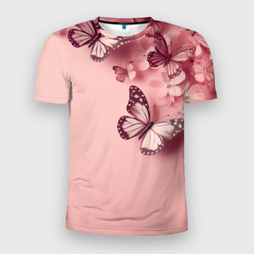 Мужская футболка 3D Slim с принтом Бабочки и цветы в Петрозаводске, 100% полиэстер с улучшенными характеристиками | приталенный силуэт, круглая горловина, широкие плечи, сужается к линии бедра | Тематика изображения на принте: 