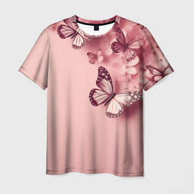 Мужская футболка 3D с принтом Бабочки и цветы в Петрозаводске, 100% полиэфир | прямой крой, круглый вырез горловины, длина до линии бедер | 