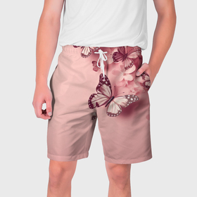 Мужские шорты 3D с принтом Бабочки и цветы ,  полиэстер 100% | прямой крой, два кармана без застежек по бокам. Мягкая трикотажная резинка на поясе, внутри которой широкие завязки. Длина чуть выше колен | 