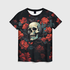 Женская футболка 3D с принтом Skull in flowers в Тюмени, 100% полиэфир ( синтетическое хлопкоподобное полотно) | прямой крой, круглый вырез горловины, длина до линии бедер | 