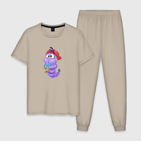 Мужская пижама хлопок с принтом Червяк в кепке пьет сок из стакана в Тюмени, 100% хлопок | брюки и футболка прямого кроя, без карманов, на брюках мягкая резинка на поясе и по низу штанин
 | 