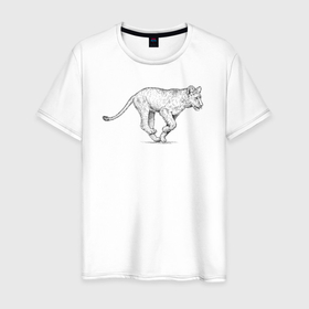 Мужская футболка хлопок с принтом Бегущий львёнок в Петрозаводске, 100% хлопок | прямой крой, круглый вырез горловины, длина до линии бедер, слегка спущенное плечо. | 