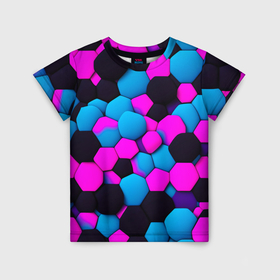 Детская футболка 3D с принтом Узор черные розовые синии фигуры в Санкт-Петербурге, 100% гипоаллергенный полиэфир | прямой крой, круглый вырез горловины, длина до линии бедер, чуть спущенное плечо, ткань немного тянется | Тематика изображения на принте: 