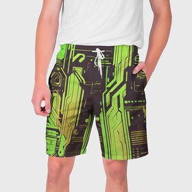 Мужские шорты 3D с принтом Кибер схемы кислотно зелёные в Екатеринбурге,  полиэстер 100% | прямой крой, два кармана без застежек по бокам. Мягкая трикотажная резинка на поясе, внутри которой широкие завязки. Длина чуть выше колен | 