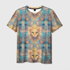 Мужская футболка 3D с принтом Мордашка котика узор в Курске, 100% полиэфир | прямой крой, круглый вырез горловины, длина до линии бедер | 