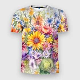 Мужская футболка 3D Slim с принтом Разнообразные цветы акварель в Новосибирске, 100% полиэстер с улучшенными характеристиками | приталенный силуэт, круглая горловина, широкие плечи, сужается к линии бедра | 