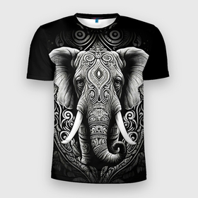 Мужская футболка 3D Slim с принтом Индийский слон с узорами в Петрозаводске, 100% полиэстер с улучшенными характеристиками | приталенный силуэт, круглая горловина, широкие плечи, сужается к линии бедра | Тематика изображения на принте: 