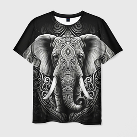 Мужская футболка 3D с принтом Индийский слон с узорами , 100% полиэфир | прямой крой, круглый вырез горловины, длина до линии бедер | 