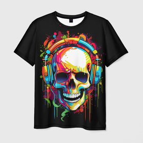 Мужская футболка 3D с принтом Яркий череп в наушниках нарисованный красками в Кировске, 100% полиэфир | прямой крой, круглый вырез горловины, длина до линии бедер | Тематика изображения на принте: 
