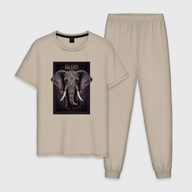Мужская пижама хлопок с принтом Слон с красивыми узорами в Санкт-Петербурге, 100% хлопок | брюки и футболка прямого кроя, без карманов, на брюках мягкая резинка на поясе и по низу штанин
 | Тематика изображения на принте: 