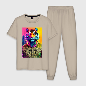 Мужская пижама хлопок с принтом Городской тигр   нейросеть , 100% хлопок | брюки и футболка прямого кроя, без карманов, на брюках мягкая резинка на поясе и по низу штанин
 | 