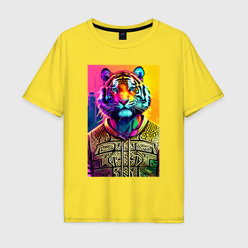 Мужская футболка хлопок Oversize с принтом Городской тигр   нейросеть , 100% хлопок | свободный крой, круглый ворот, “спинка” длиннее передней части | 