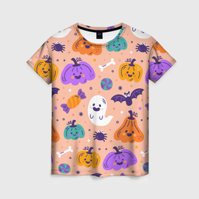 Женская футболка 3D с принтом Halloween   pumpkins and ghosts в Екатеринбурге, 100% полиэфир ( синтетическое хлопкоподобное полотно) | прямой крой, круглый вырез горловины, длина до линии бедер | 