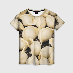 Женская футболка 3D с принтом Пельмени на столе в Белгороде, 100% полиэфир ( синтетическое хлопкоподобное полотно) | прямой крой, круглый вырез горловины, длина до линии бедер | 