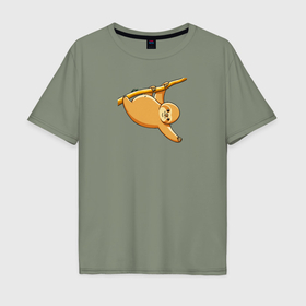 Мужская футболка хлопок Oversize с принтом Ленивец свисает с дерева в Тюмени, 100% хлопок | свободный крой, круглый ворот, “спинка” длиннее передней части | 