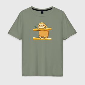 Мужская футболка хлопок Oversize с принтом Ленивец сидит на дереве в Тюмени, 100% хлопок | свободный крой, круглый ворот, “спинка” длиннее передней части | 
